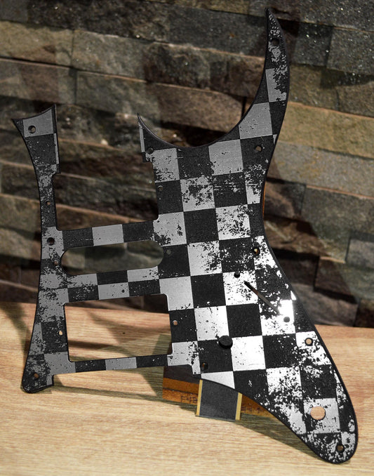 Faux Brushed Aluminum Distressed Checker Pickguard IBANEZ JEM or RG550 Japan - Plastic