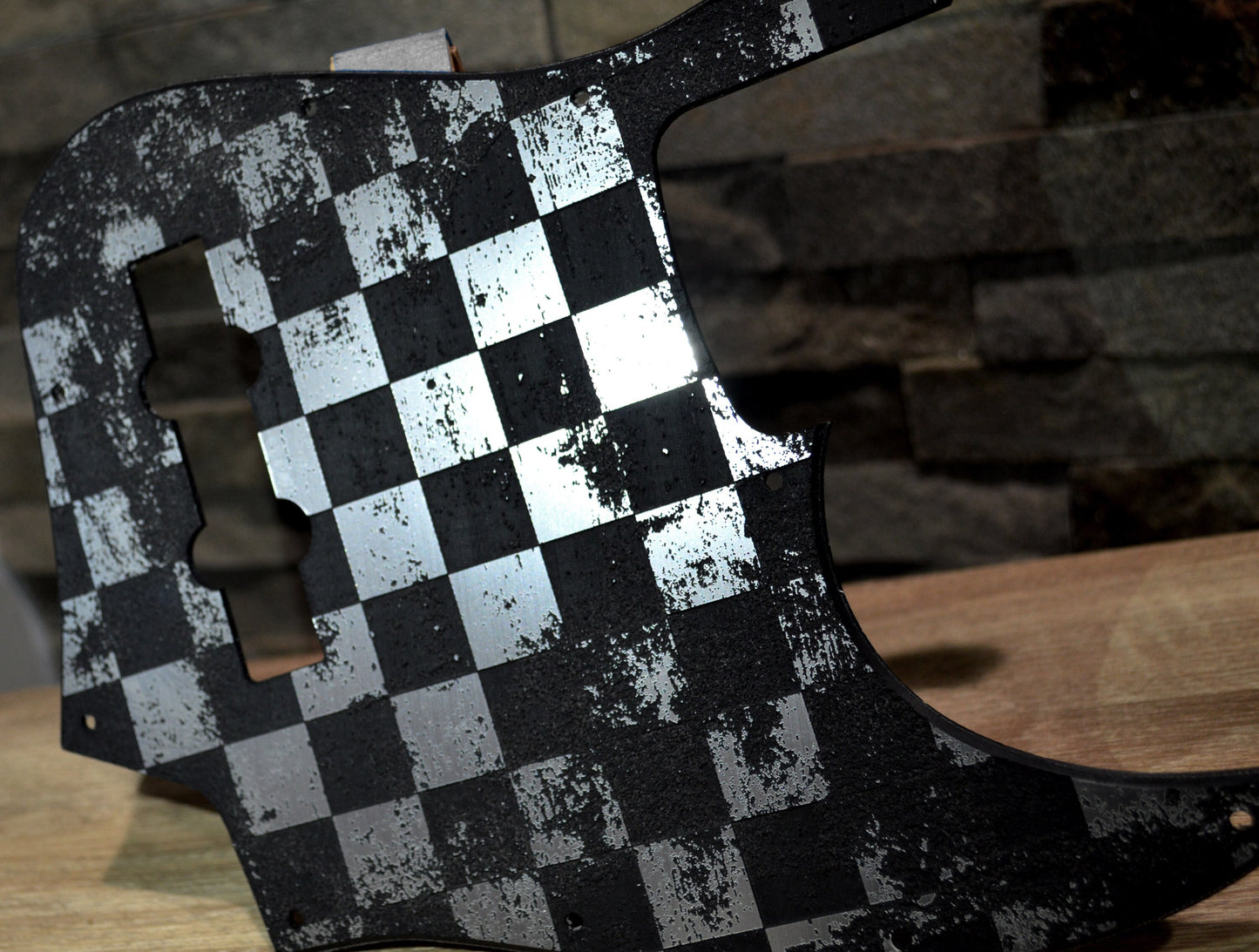 Plastic/Brushed Aluminum Distressed Checker Textured Pickguard - Fender Jazz Bass - USA Made