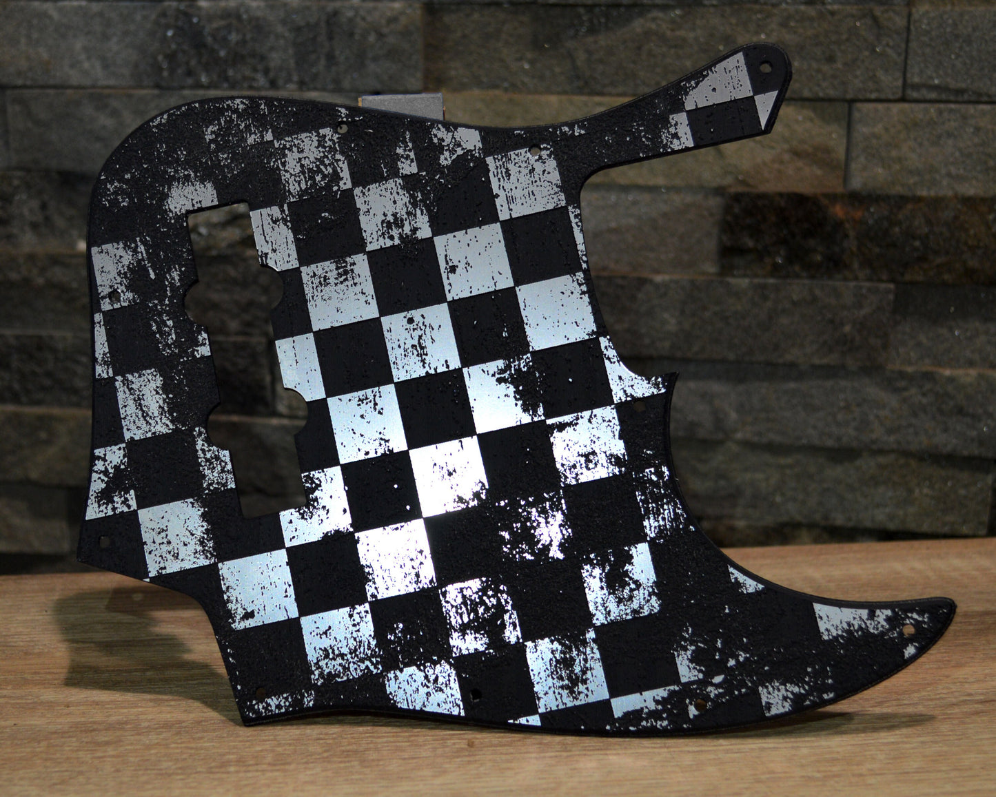 Plastic/Brushed Aluminum Distressed Checker Textured Pickguard - Fender Jazz Bass - USA Made