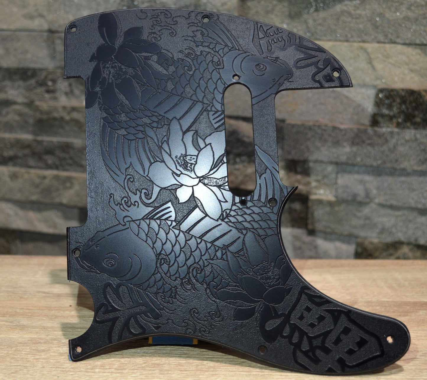 Black Classic Tattoo Style Koi Engraved Pickguard - Fits Fender Telecaster - Textured Art for Fender Guitar USA Made
