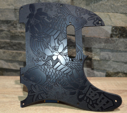 Black Classic Tattoo Style Koi Engraved Pickguard - Fits Fender Telecaster - Textured Art for Fender Guitar USA Made