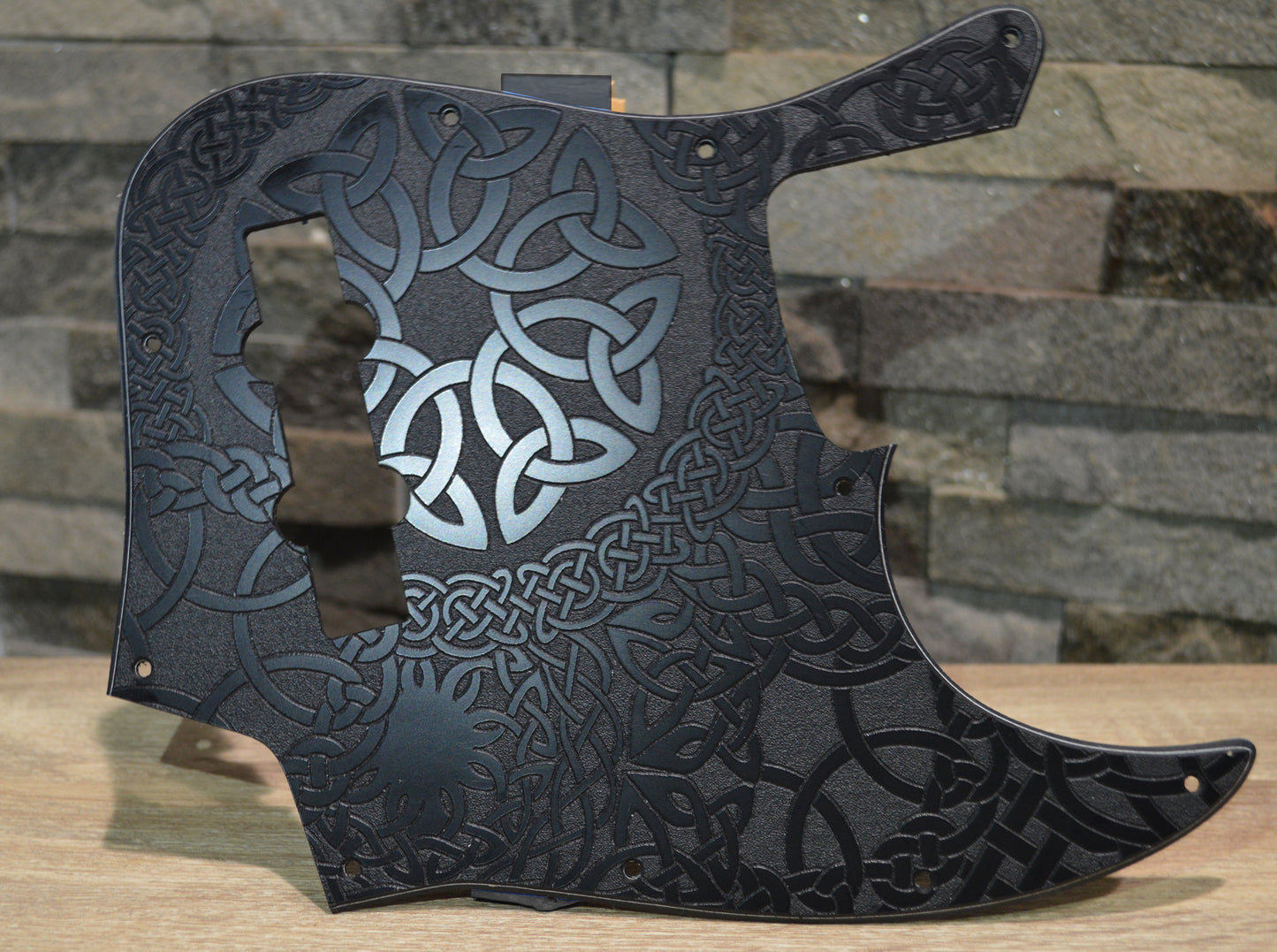 Custom Engraved Celtic Knot Acrylic Jazz Bass Pickguard — 3‑Ply, 10‑Hole, Standard Fit