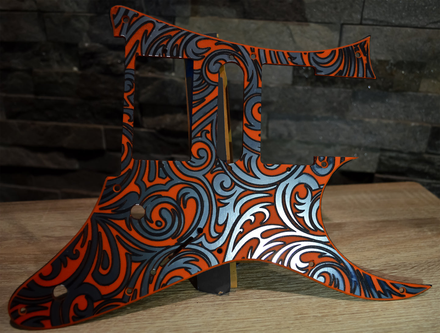 Custom Textured Orange tri-color Faux Stainless Steel Pickguard IBANEZ JEM or RG550 Japan - Plastic