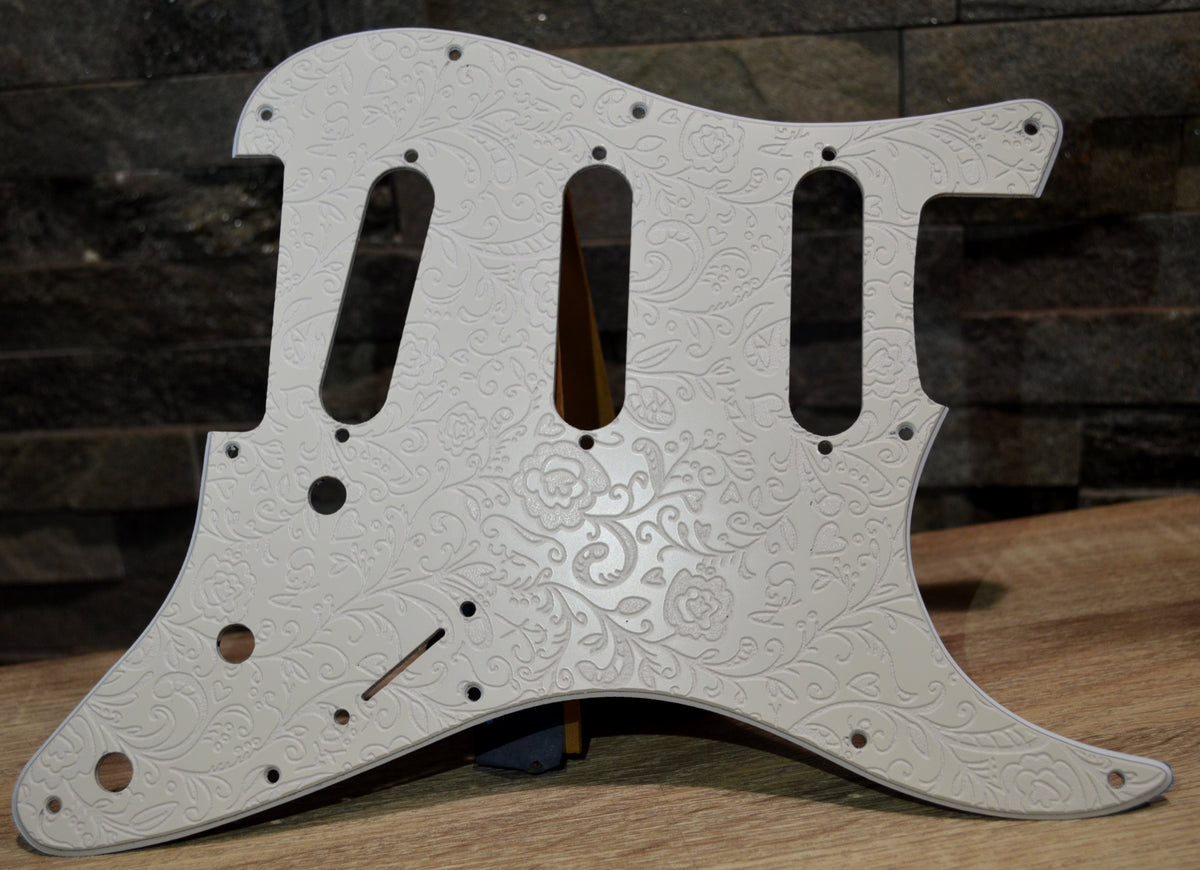 Ash White Engraved Floral‑Vine Stratocaster Pickguard — Jimi Hendrix Monterey‑Inspired -USA - SSS, HSS, HxH