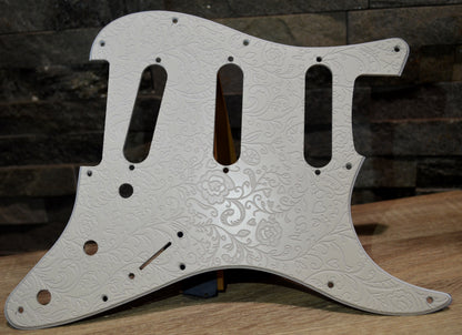 Ash White Engraved Floral‑Vine Stratocaster Pickguard — Jimi Hendrix Monterey‑Inspired -USA - SSS, HSS, HxH
