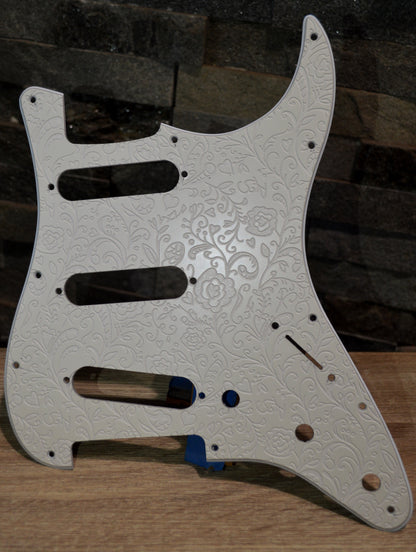 Ash White Engraved Floral‑Vine Stratocaster Pickguard — Jimi Hendrix Monterey‑Inspired -USA - SSS, HSS, HxH