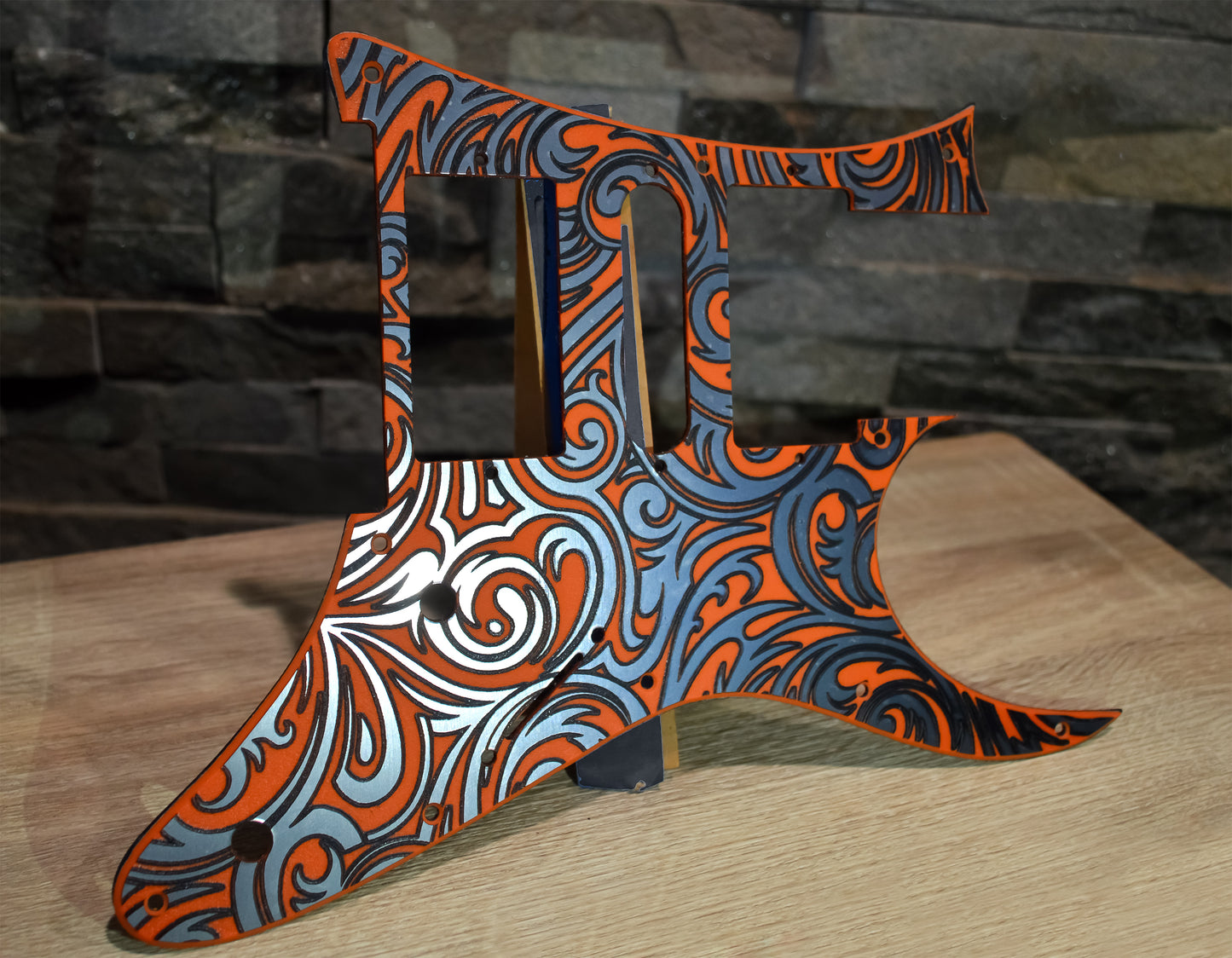 Custom Textured Orange tri-color Faux Stainless Steel Pickguard IBANEZ JEM or RG550 Japan - Plastic