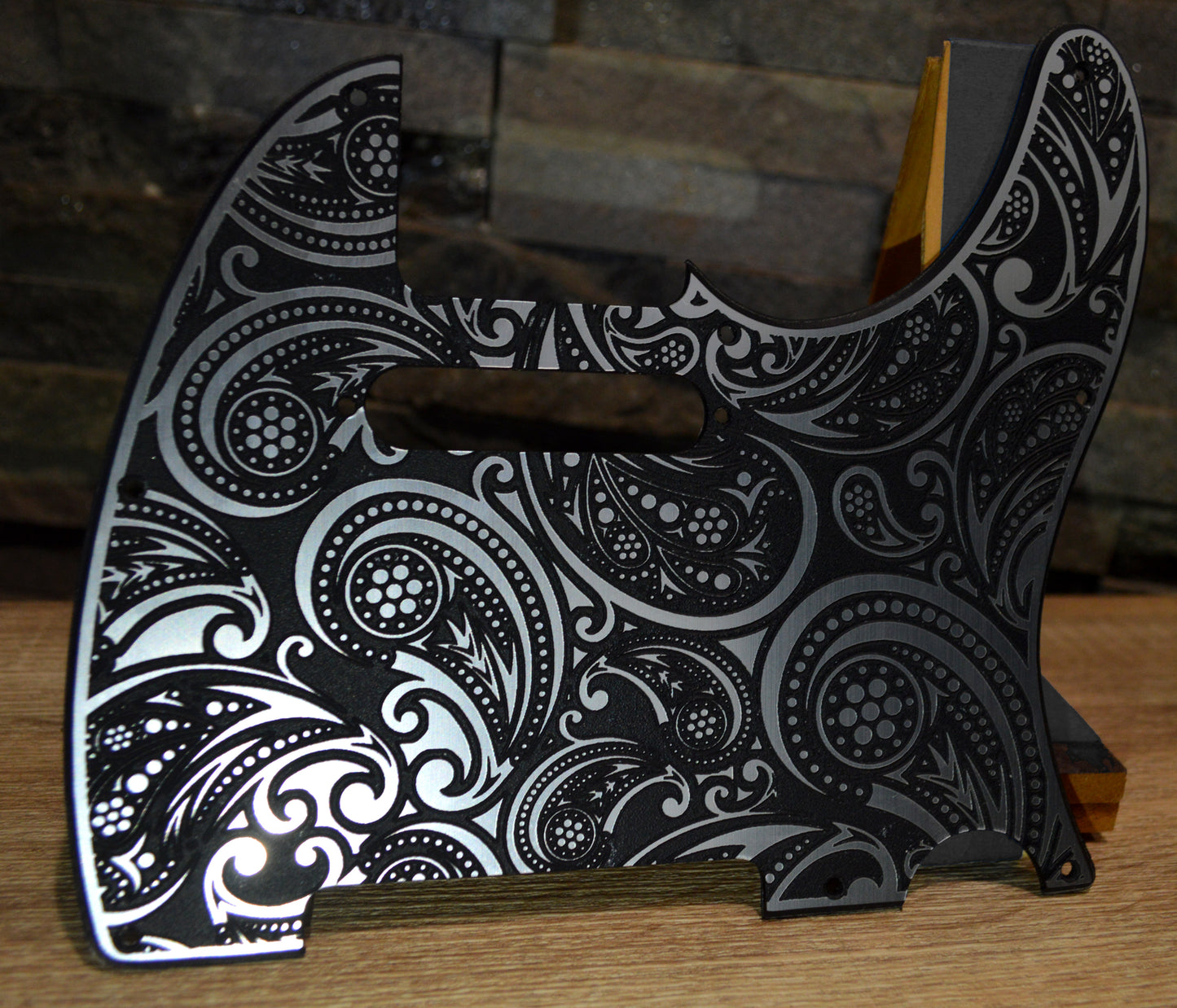 Faux Brushed Aluminum Paisley Laser Engraved Telecaster Pickguard - Industrial Chic Guitar Art - Custom Made