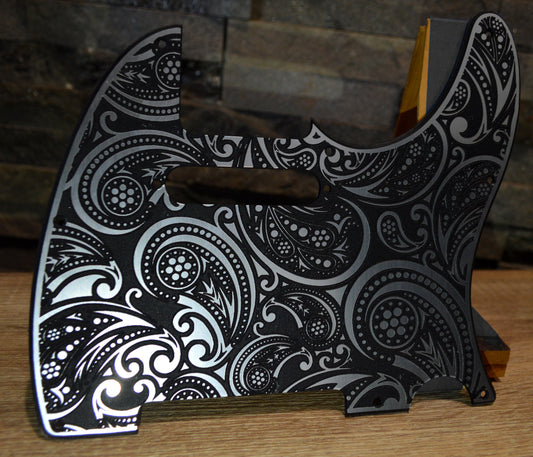 Faux Brushed Aluminum Paisley Laser Engraved Telecaster Pickguard - Industrial Chic Guitar Art - Custom Made