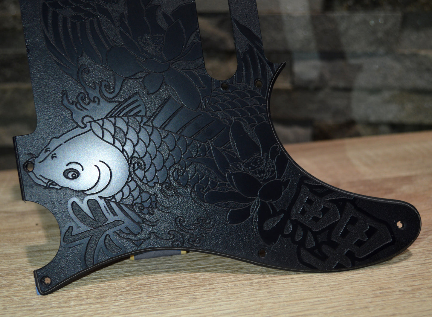 Black Classic Tattoo Style Koi Engraved Pickguard - Fits Fender Telecaster - Textured Art for Fender Guitar USA Made