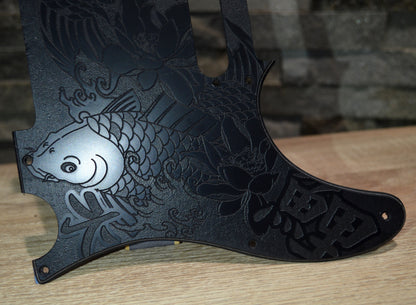 Black Classic Tattoo Style Koi Engraved Pickguard - Fits Fender Telecaster - Textured Art for Fender Guitar USA Made