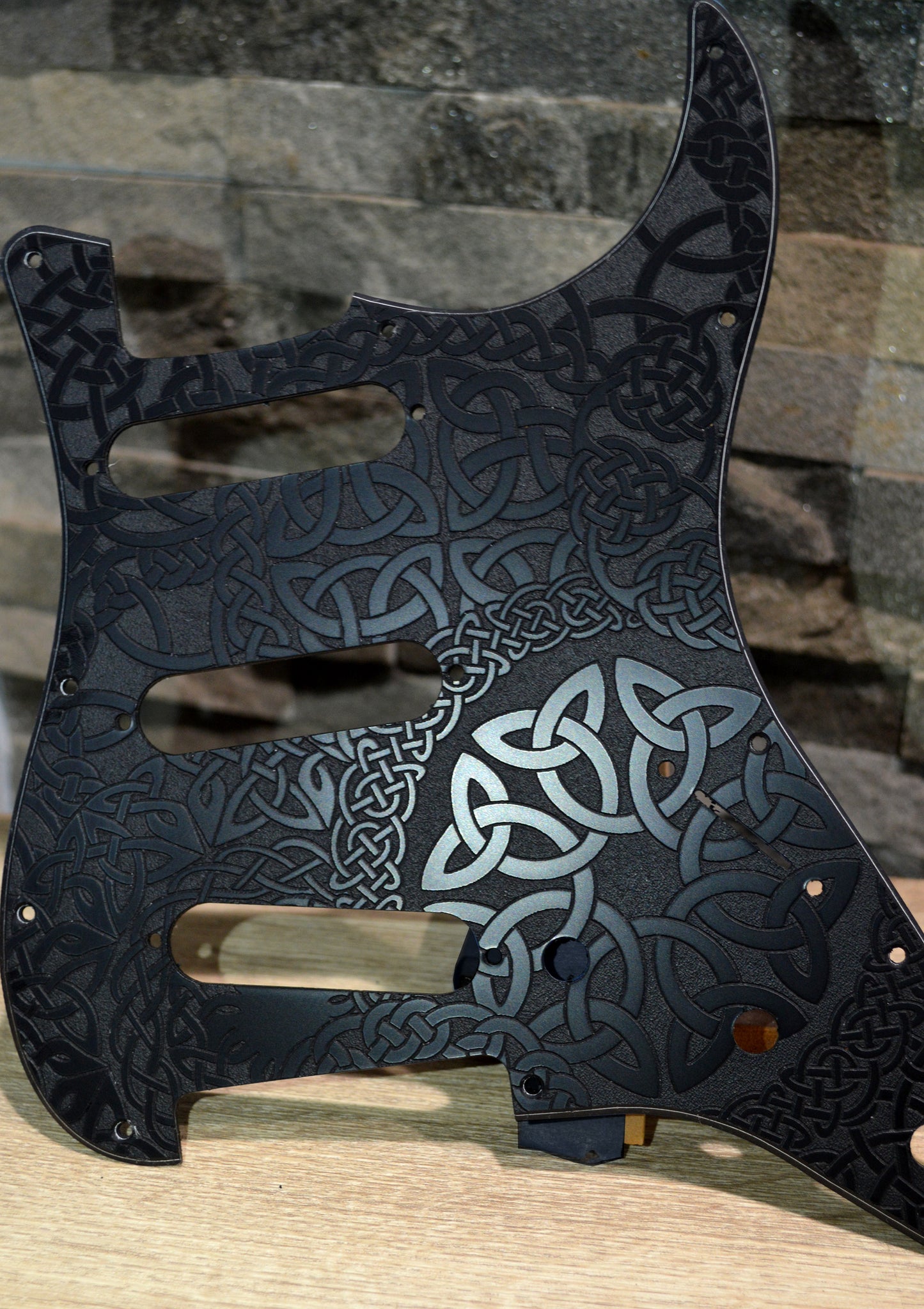Custom Engraved Celtic Knot Acrylic Stratocaster Pickguard — 3‑Ply, 11‑Hole, SSS / HSS / HH Options