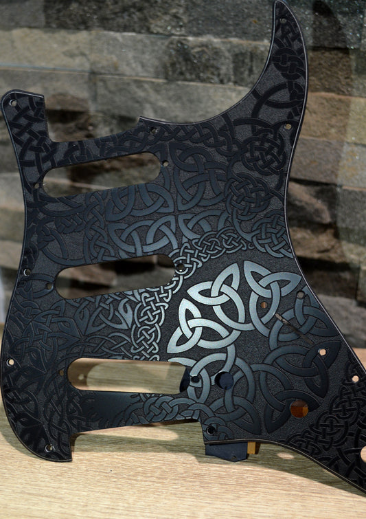Custom Engraved Celtic Knot Acrylic Stratocaster Pickguard — 3‑Ply, 11‑Hole, SSS / HSS / HH Options