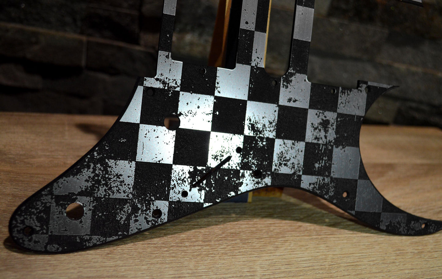 Faux Brushed Aluminum Distressed Checker Pickguard IBANEZ JEM or RG550 Japan - Plastic