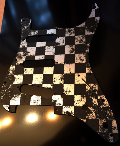 Faux Brushed Aluminum Distressed Checker Textured Pickguard - Fits Fender Stratocaster - USA Made