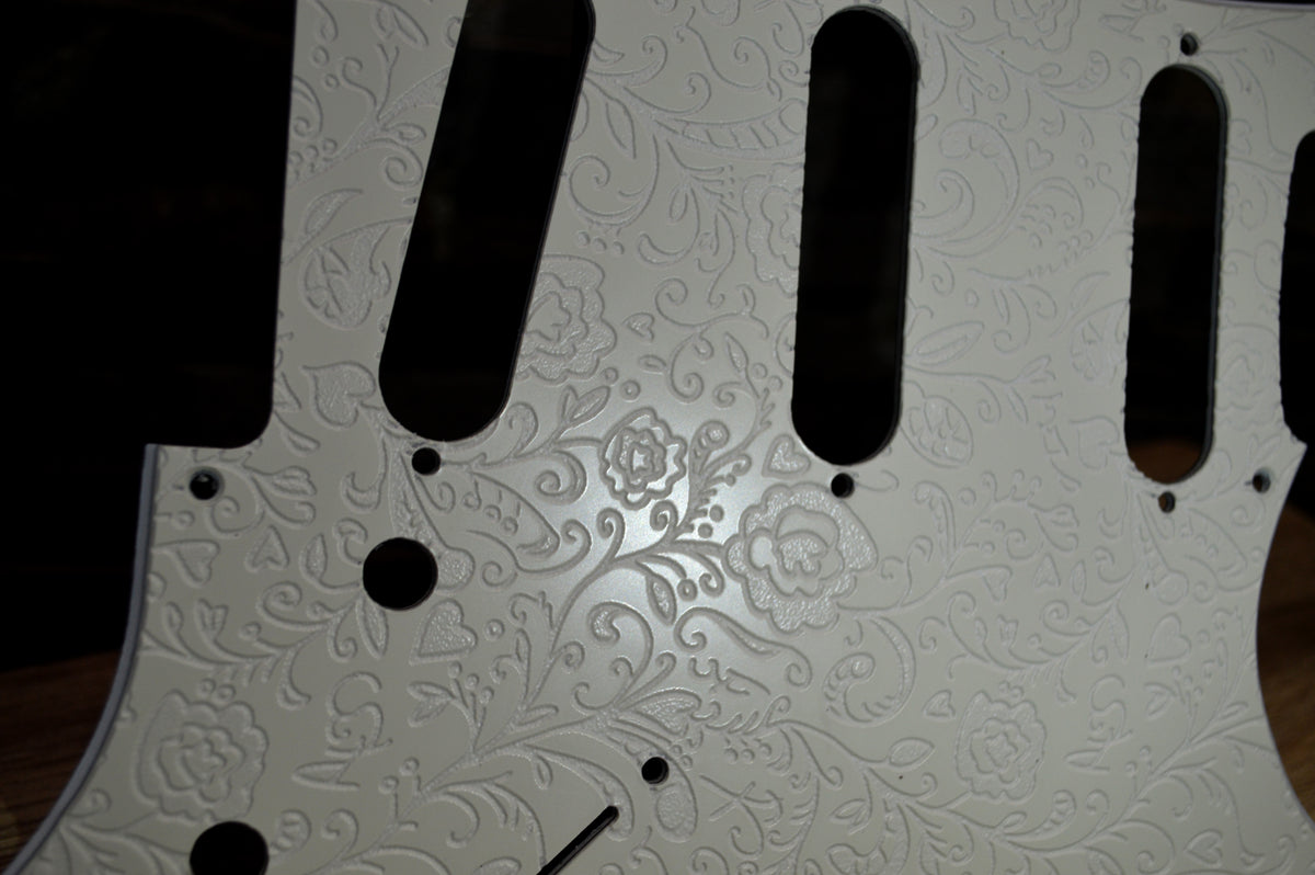 Ash White Engraved Floral‑Vine Stratocaster Pickguard — Jimi Hendrix Monterey‑Inspired -USA - SSS, HSS, HxH
