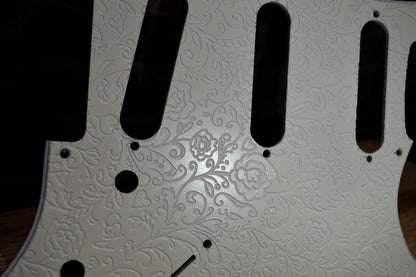 Ash White Engraved Floral‑Vine Stratocaster Pickguard — Jimi Hendrix Monterey‑Inspired -USA - SSS, HSS, HxH