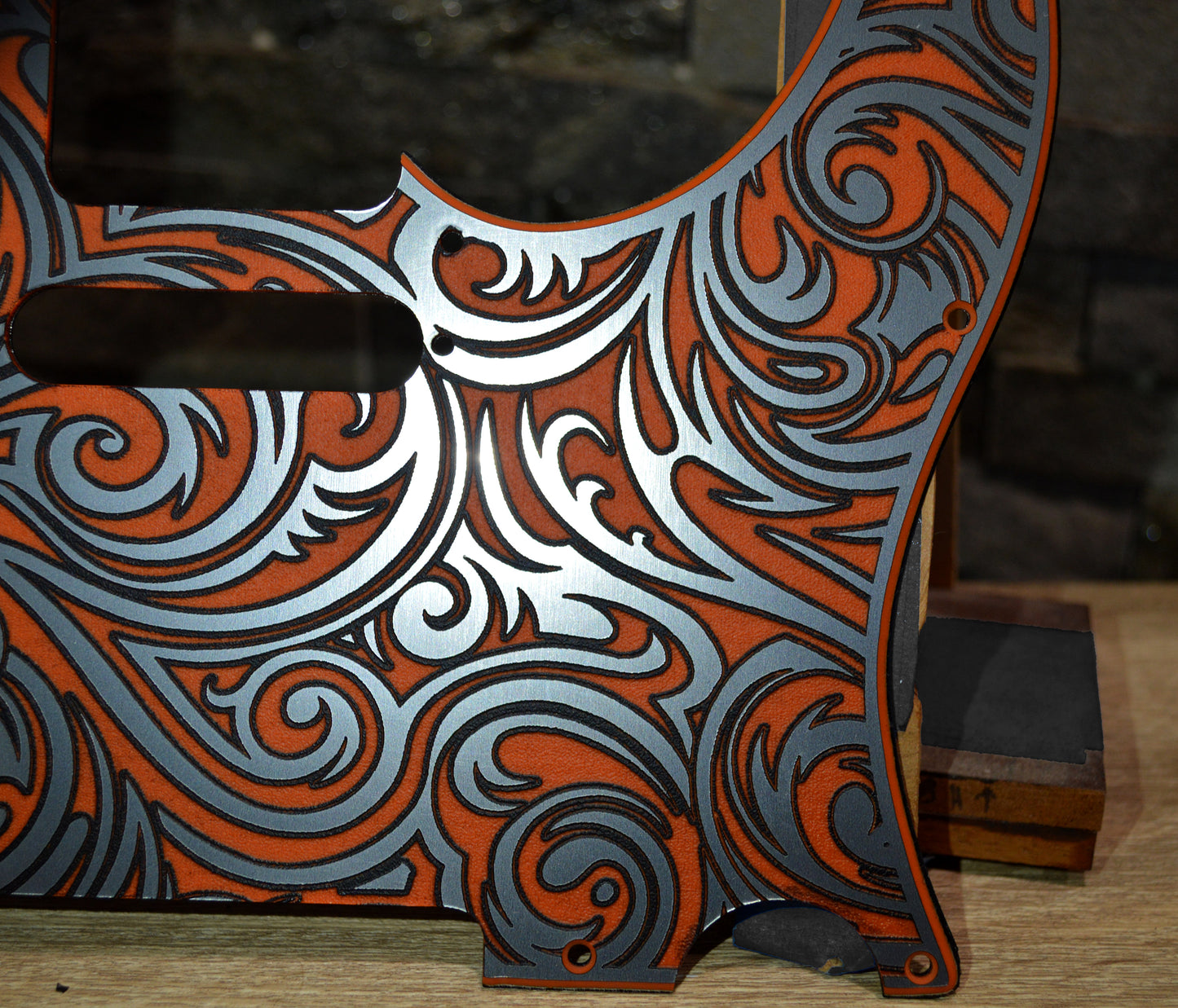 Orange Faux Stainless Steel Spiral Textured Pickguard - Fits Fender Telecaster - USA Made - Acrylic Plastic
