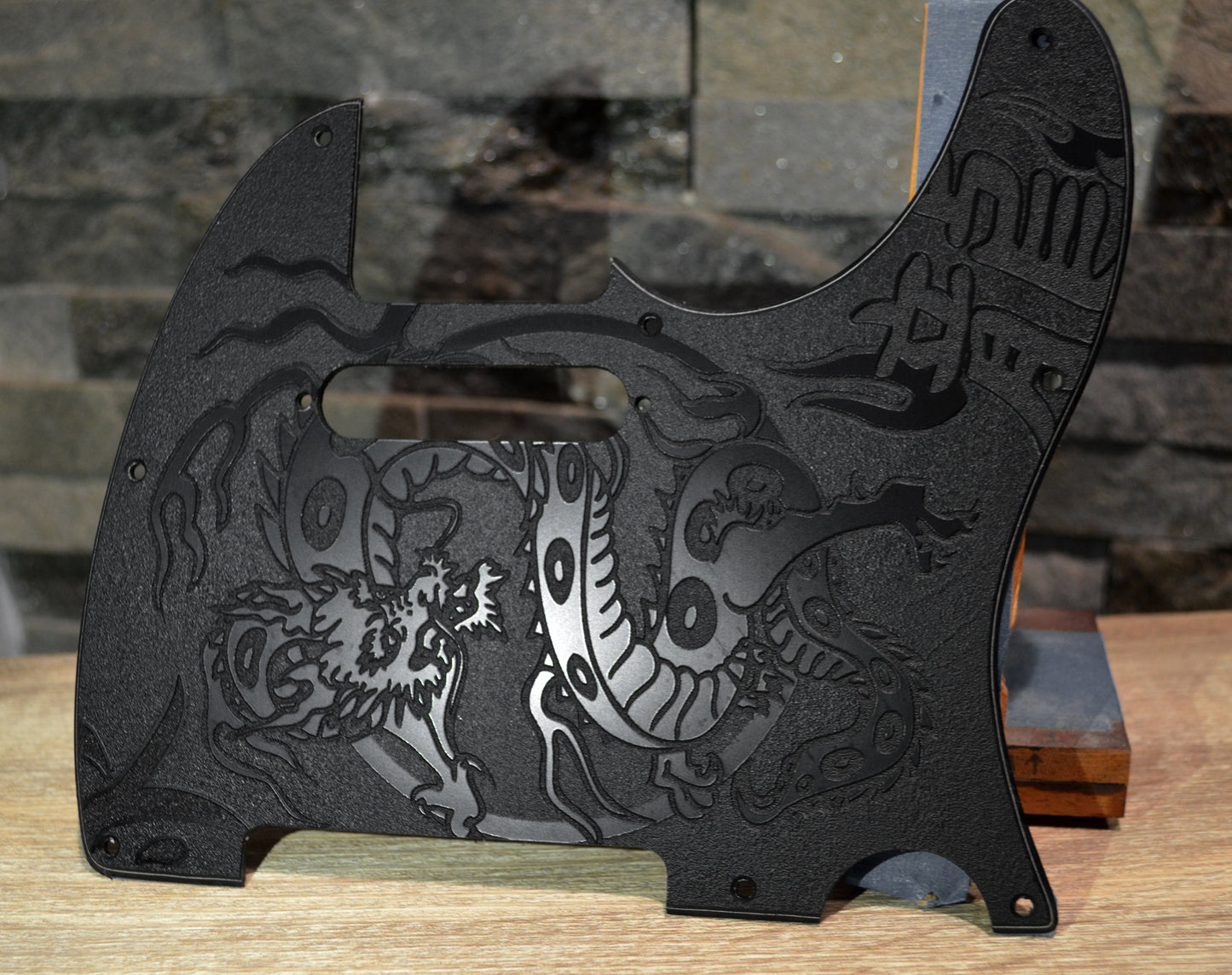 Custom Black Tattoo Dragon Textured Pickguard - Fits Fender Telecaster - USA Made