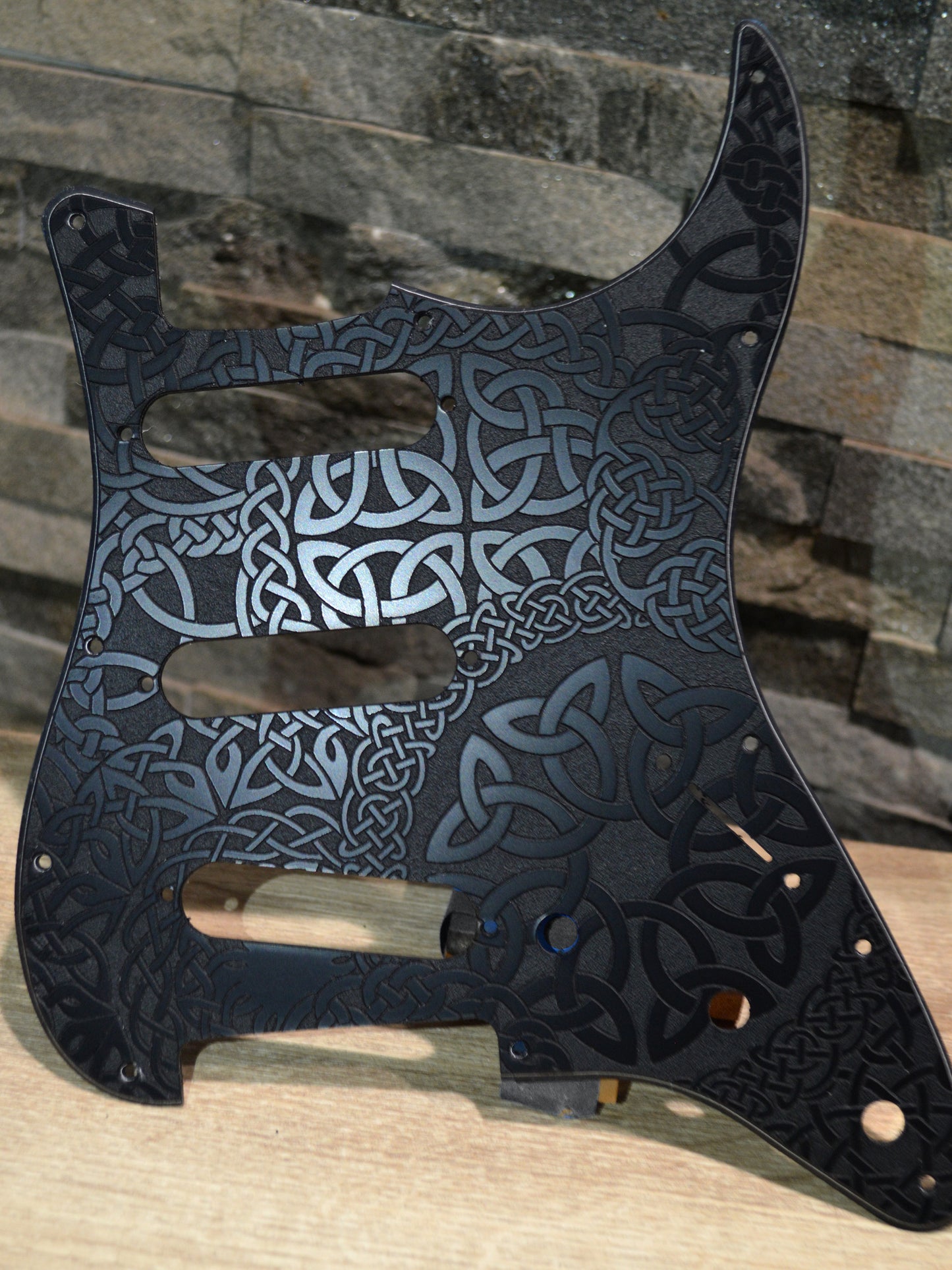 Custom Engraved Celtic Knot Acrylic Stratocaster Pickguard — 3‑Ply, 11‑Hole, SSS / HSS / HH Options