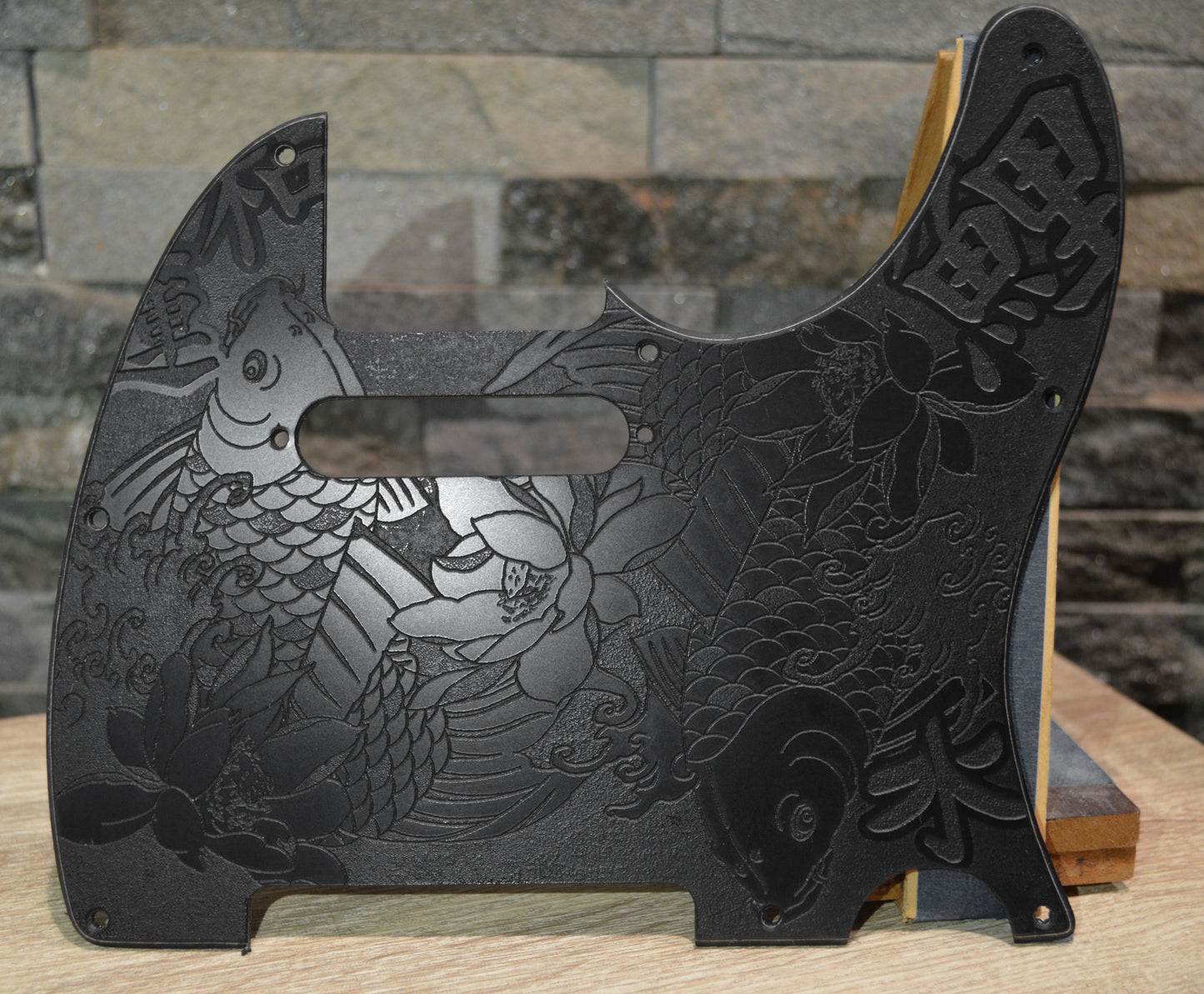 Black Classic Tattoo Style Koi Engraved Pickguard - Fits Fender Telecaster - Textured Art for Fender Guitar USA Made