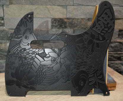 Black Classic Tattoo Style Koi Engraved Pickguard - Fits Fender Telecaster - Textured Art for Fender Guitar USA Made