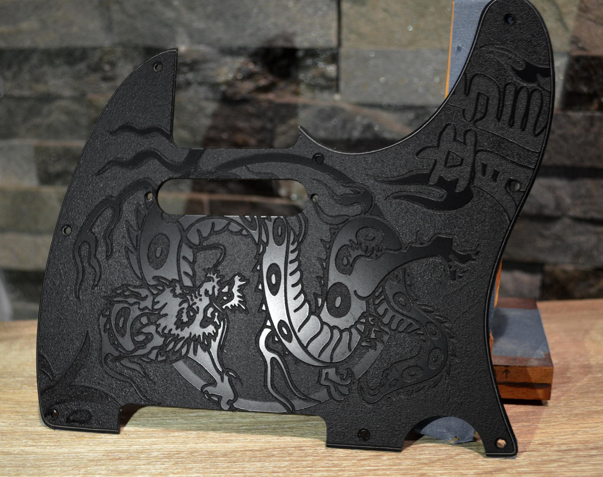 Custom Black Tattoo Dragon Textured Pickguard - Fits Fender Telecaster - USA Made