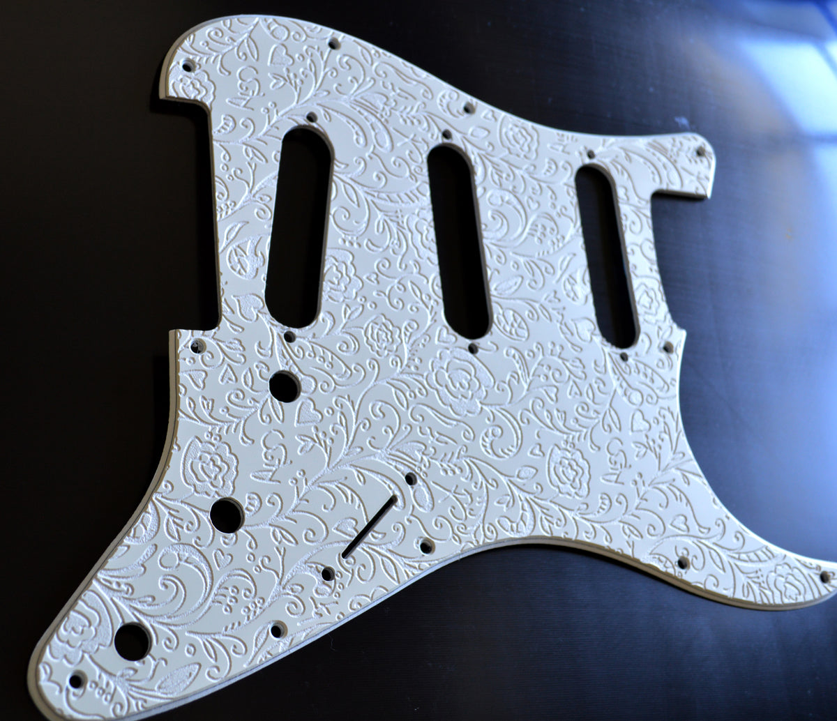 Ash White Engraved Floral‑Vine Stratocaster Pickguard — Jimi Hendrix Monterey‑Inspired -USA - SSS, HSS, HxH