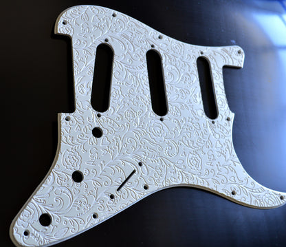 Ash White Engraved Floral‑Vine Stratocaster Pickguard — Jimi Hendrix Monterey‑Inspired -USA - SSS, HSS, HxH