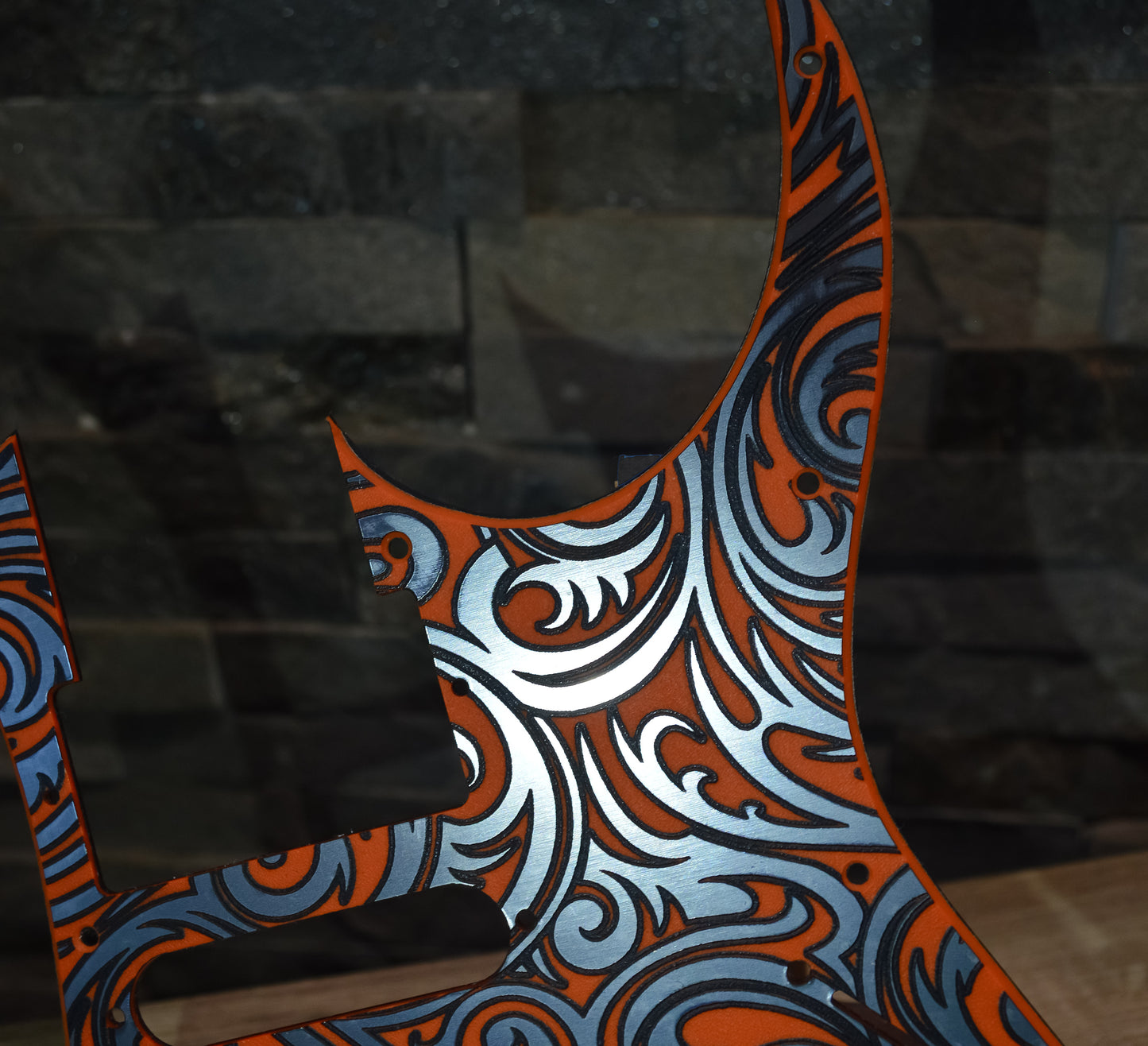 Custom Textured Orange tri-color Faux Stainless Steel Pickguard IBANEZ JEM or RG550 Japan - Plastic