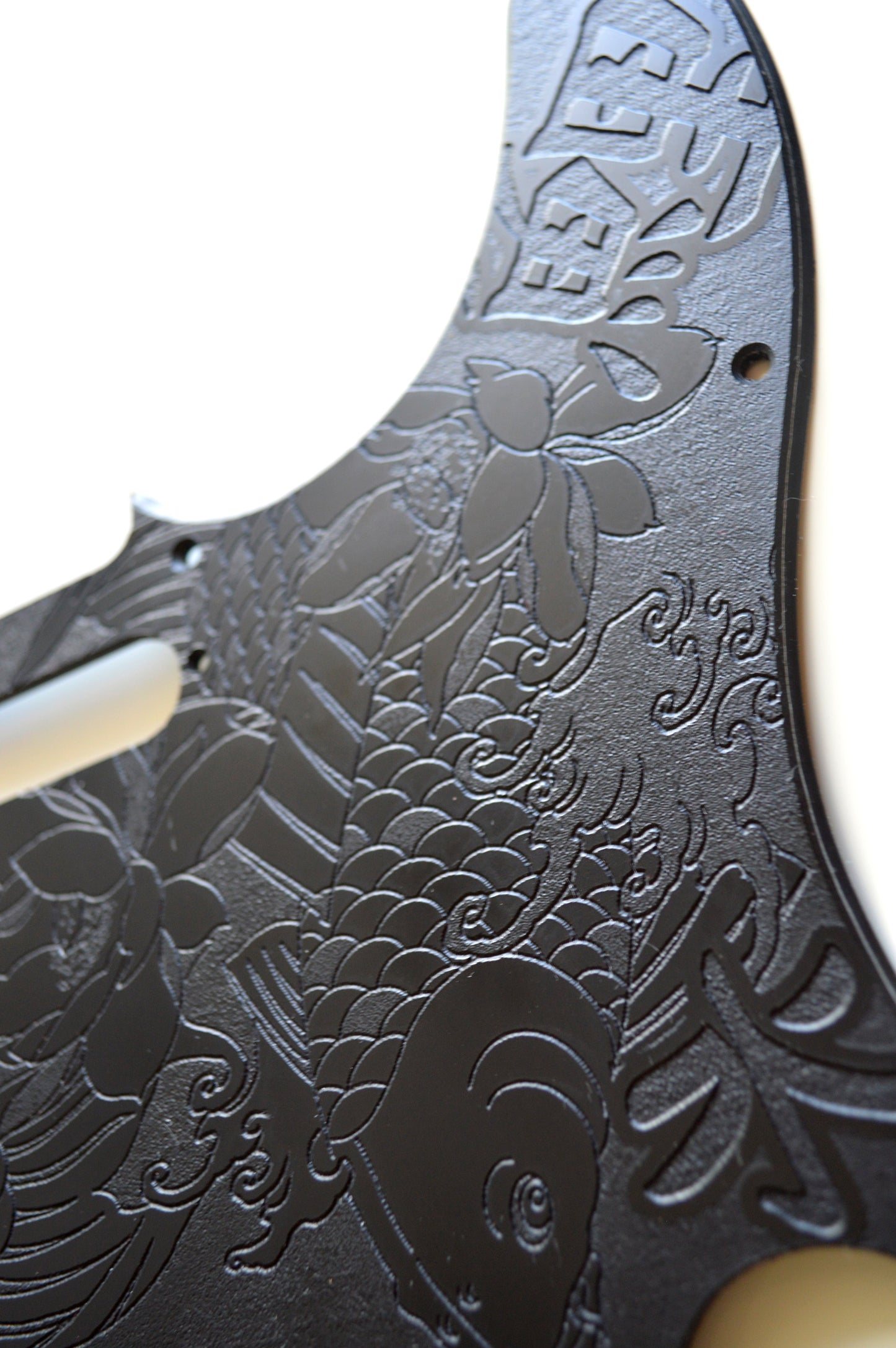 Black Classic Tattoo Style Koi Engraved Pickguard - Fits Fender Telecaster - Textured Art for Fender Guitar USA Made