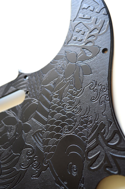 Black Classic Tattoo Style Koi Engraved Pickguard - Fits Fender Telecaster - Textured Art for Fender Guitar USA Made