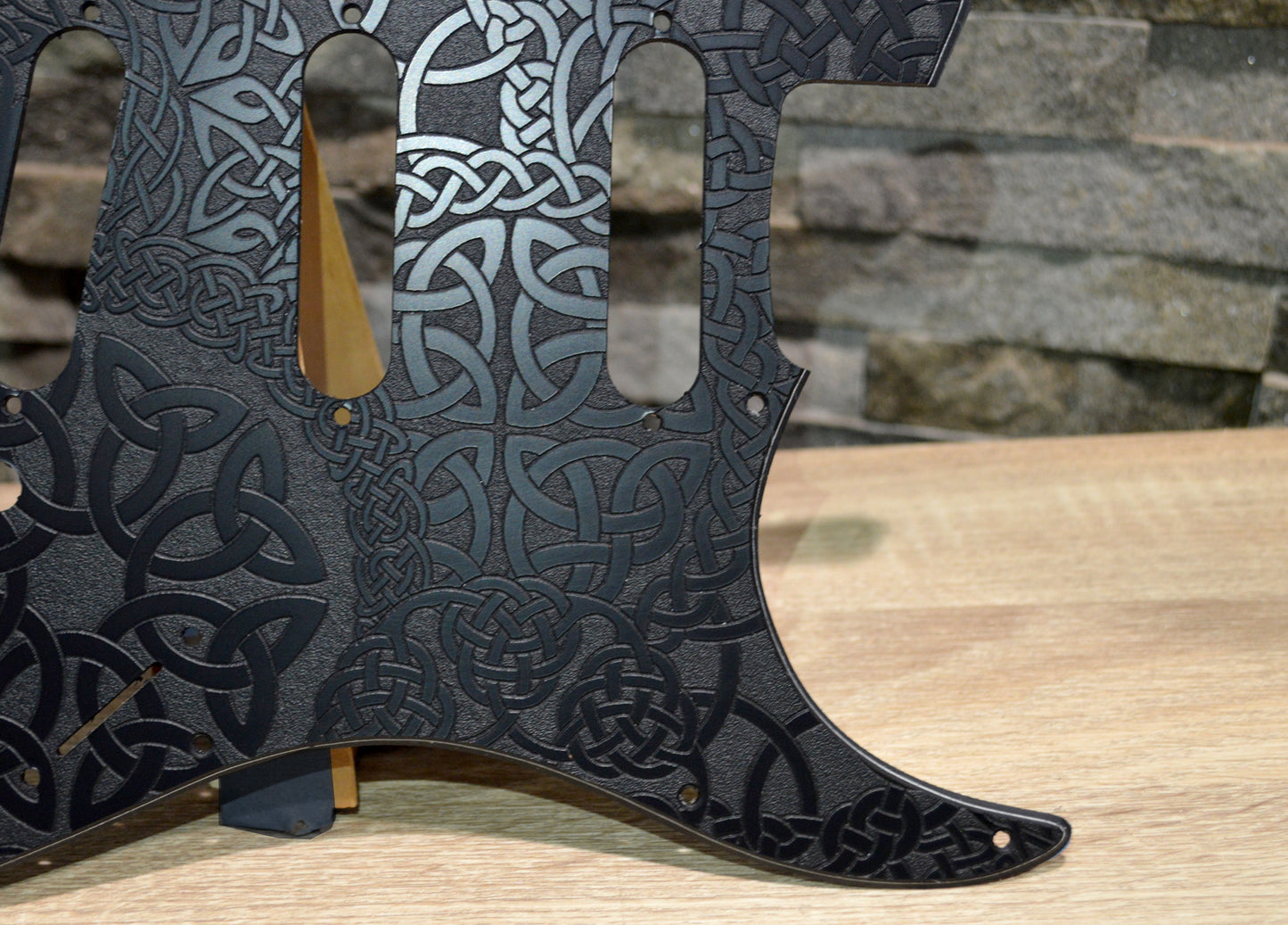 Custom Engraved Celtic Knot Acrylic Stratocaster Pickguard — 3‑Ply, 11‑Hole, SSS / HSS / HH Options