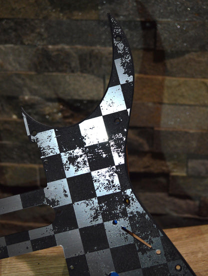 Faux Brushed Aluminum Distressed Checker Pickguard IBANEZ JEM or RG550 Japan - Plastic