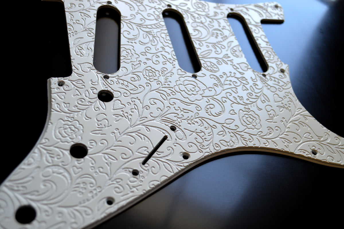 Ash White Engraved Floral‑Vine Stratocaster Pickguard — Jimi Hendrix Monterey‑Inspired -USA - SSS, HSS, HxH