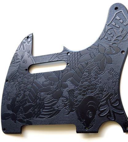 Black Classic Tattoo Style Koi Engraved Pickguard - Fits Fender Telecaster - Textured Art for Fender Guitar USA Made