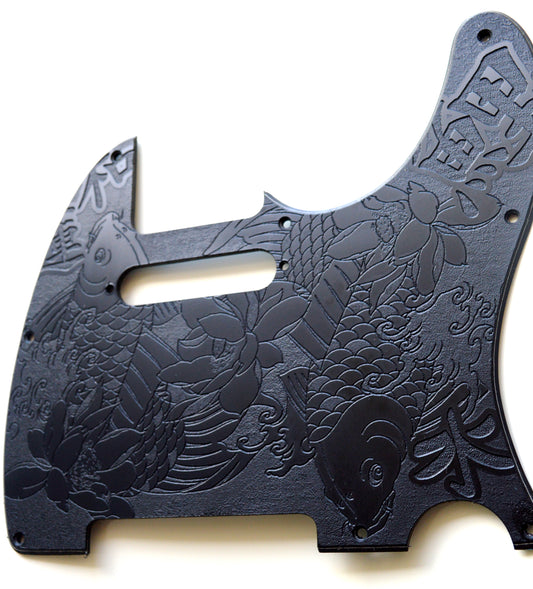 Black Classic Tattoo Style Koi Engraved Pickguard - Fits Fender Telecaster - Textured Art for Fender Guitar USA Made