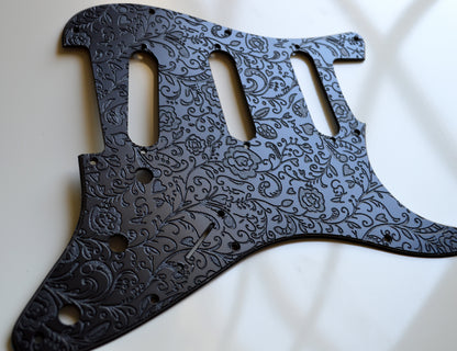 Black Engraved Floral‑Vine Stratocaster Pickguard — Jimi Hendrix Monterey‑Inspired -USA - SSS, HSS, HxH (Copy)
