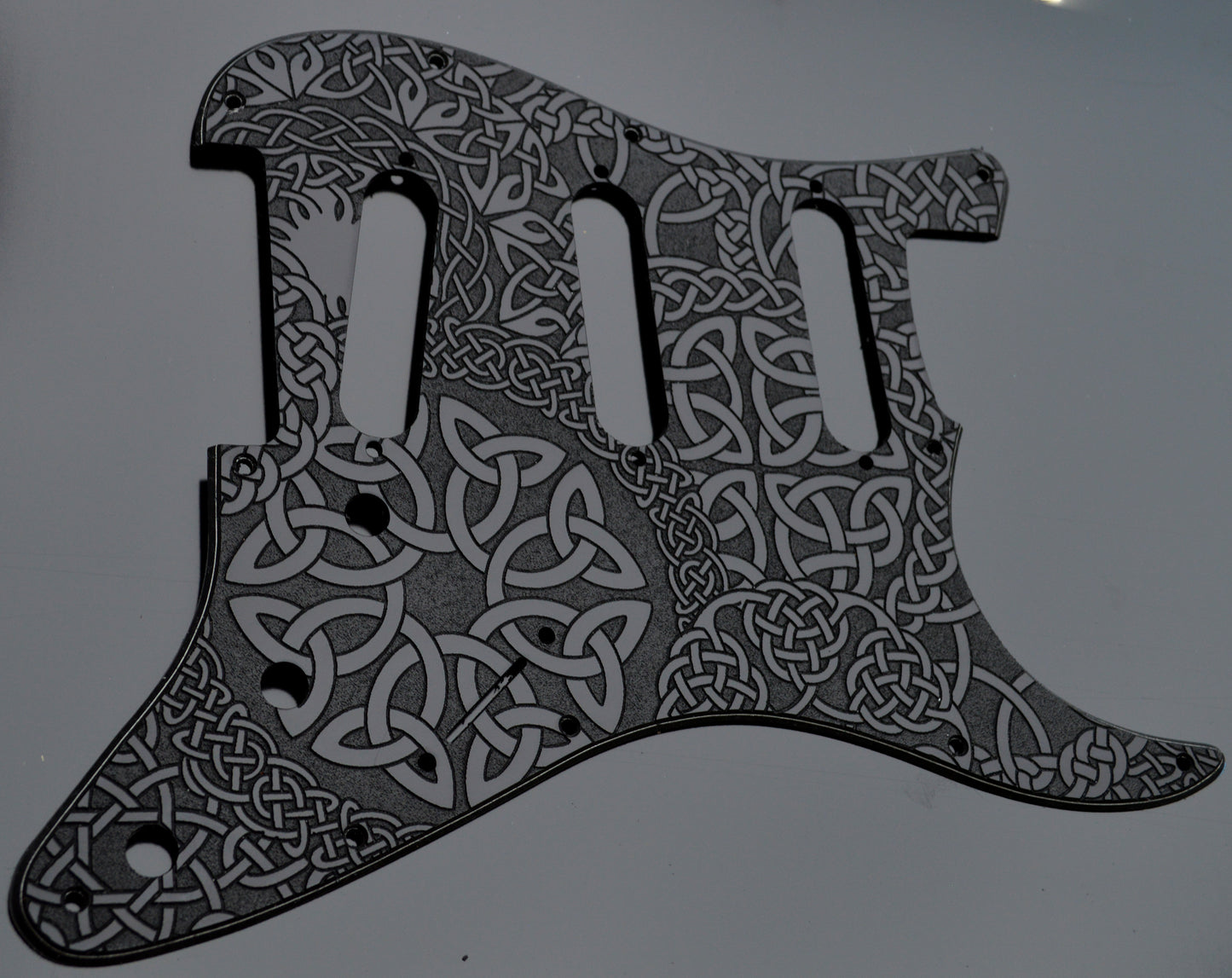 Custom Engraved Celtic Knot Acrylic Stratocaster Pickguard — 3‑Ply, 11‑Hole, SSS / HSS / HH Options