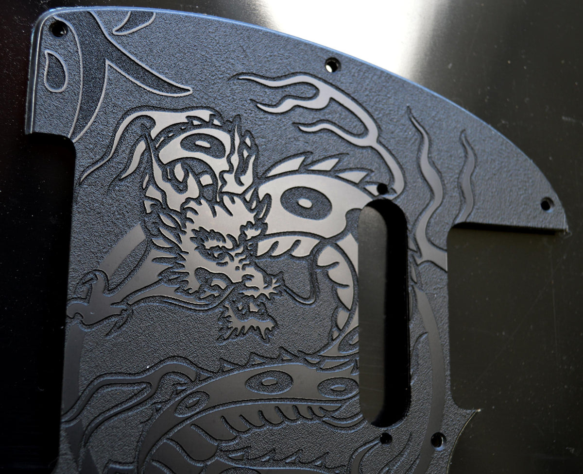 Custom Black Tattoo Dragon Textured Pickguard - Fits Fender Telecaster - USA Made