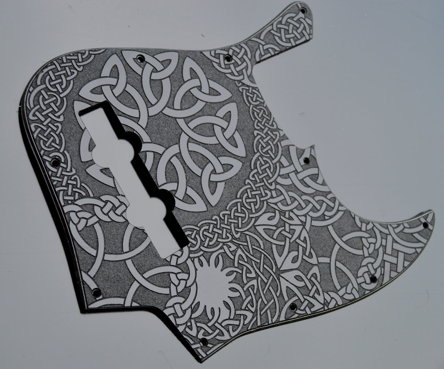 Custom Engraved Celtic Knot Acrylic Jazz Bass Pickguard — 3‑Ply, 10‑Hole, Standard Fit