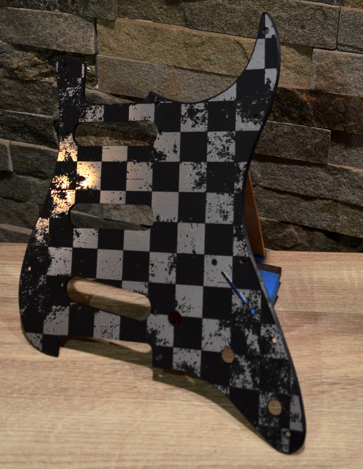 Faux Brushed Aluminum Distressed Checker Textured Pickguard - Fits Fender Stratocaster - USA Made