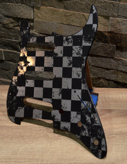 Faux Brushed Aluminum Distressed Checker Textured Pickguard - Fits Fender Stratocaster - USA Made