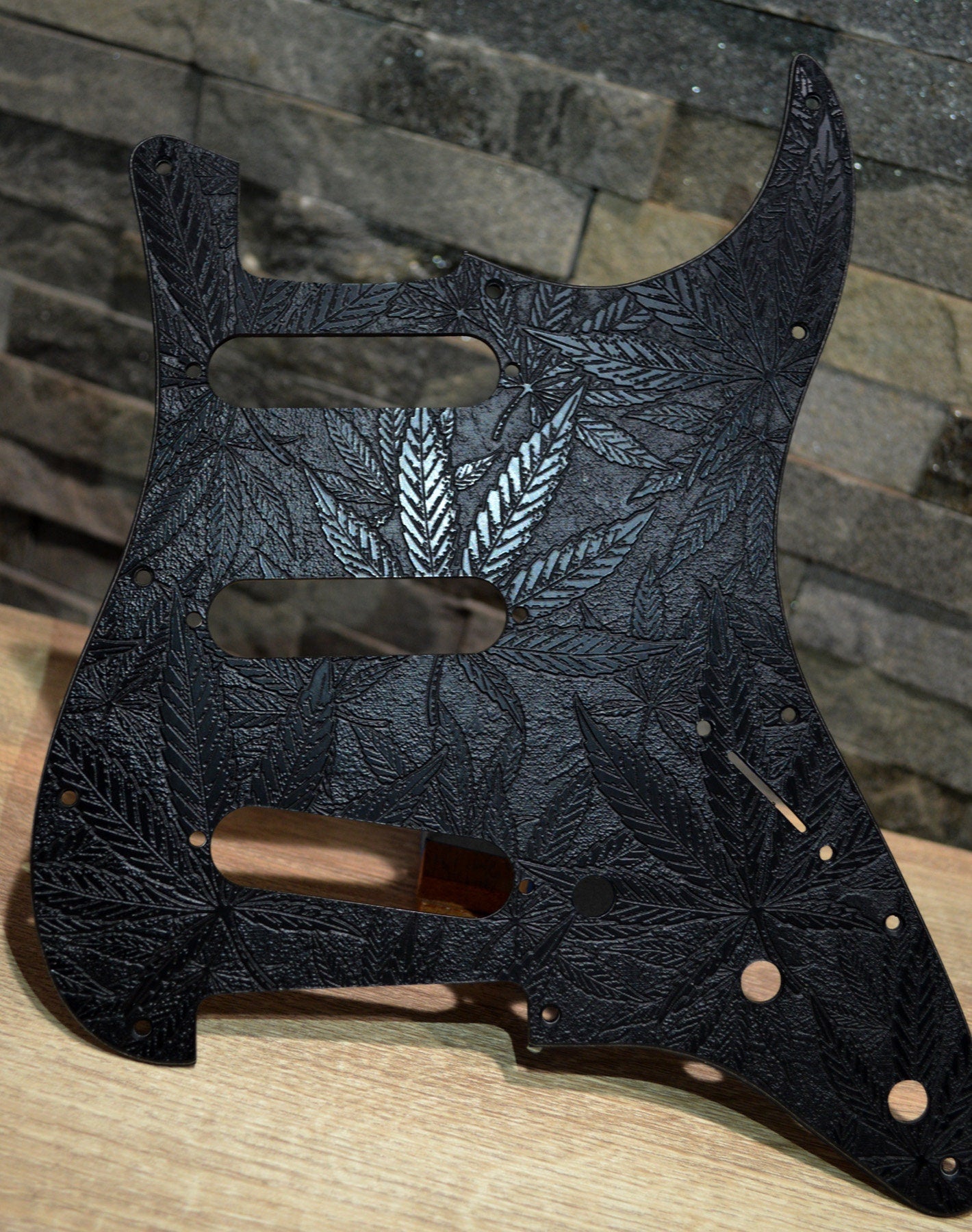 Custom Black Pot Leaf Textured Pickguard - Fender Stratocaster Parts USA Made