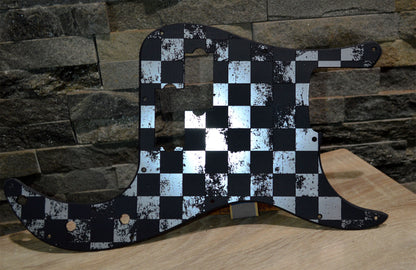 Faux Brushed Aluminum Distressed Checker Standard P Bass Pickguard Precision Bass 13 hole Fits Fender USA