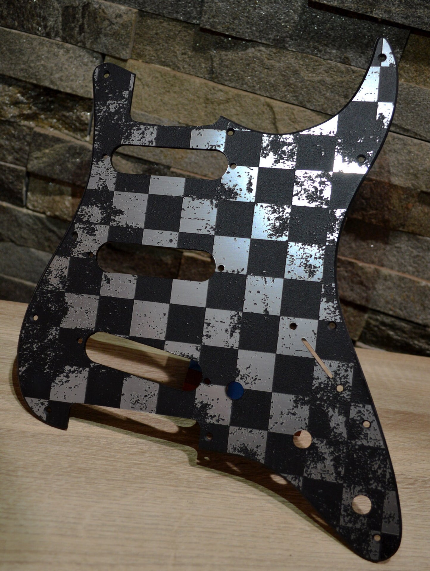 Faux Brushed Aluminum Distressed Checker Textured Pickguard - Fits Fender Stratocaster - USA Made