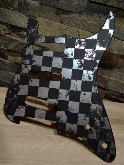 Faux Brushed Aluminum Distressed Checker Textured Pickguard - Fits Fender Stratocaster - USA Made
