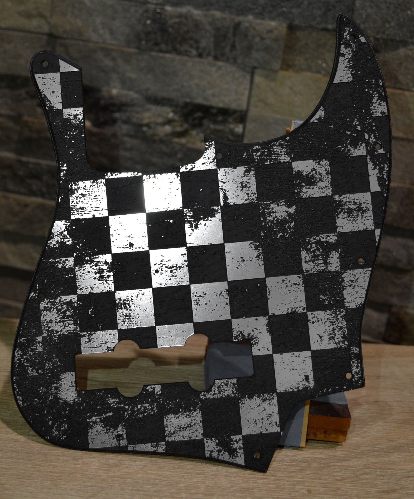 Plastic/Brushed Aluminum Distressed Checker Textured Pickguard - Fender Jazz Bass - USA Made