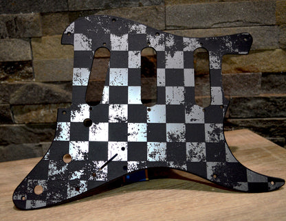 Faux Brushed Aluminum Distressed Checker Textured Pickguard - Fits Fender Stratocaster - USA Made